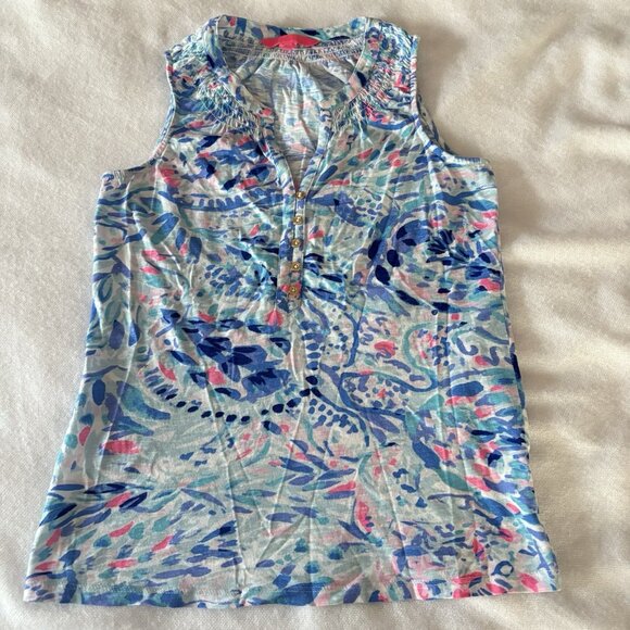 Lilly Pulitzer Tops - Lily Pulitzer Essie Tank Top Blue Pink Shirt Blouse Womens Size XS Summer Beach